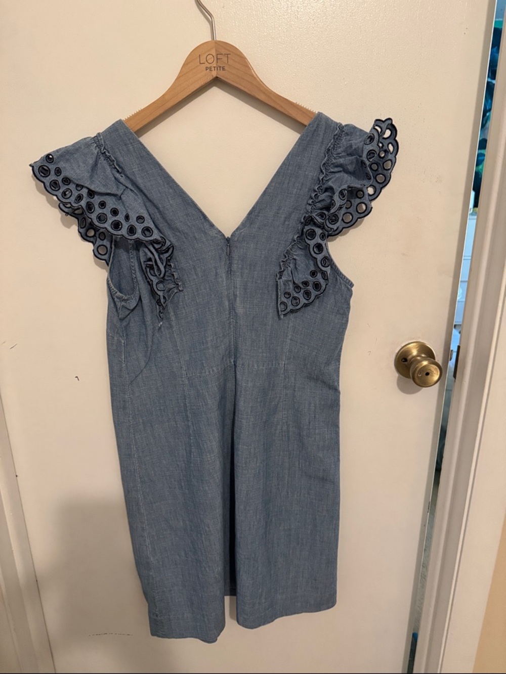 JCREW Light Blue Chambray V-Neck Dress with Eyelet Flutter Sleeves - Picture 3 of 4
